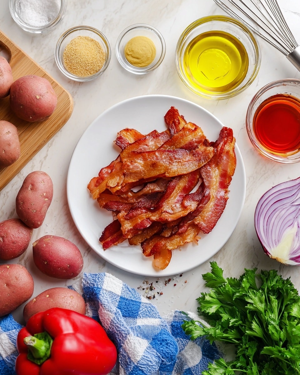 The image shows a white plate piled with several crispy brown and reddish-brown bacon strips, placed on a white marbled surface. Around it, there are ingredients spread out: multiple small red potatoes, a section of a red bell pepper, a cut shallot with purple and white layers, small glass bowls with yellow mustard, grainy mustard, salt and black pepper mixed, olive oil, and a red liquid in a glass bowl. A blue and white checked cloth is partially visible under some potatoes and a wooden cutting board. Green parsley leaves and a stainless steel whisk are also seen on the white marbled background. photo taken with an iphone --ar 4:5 --v 7