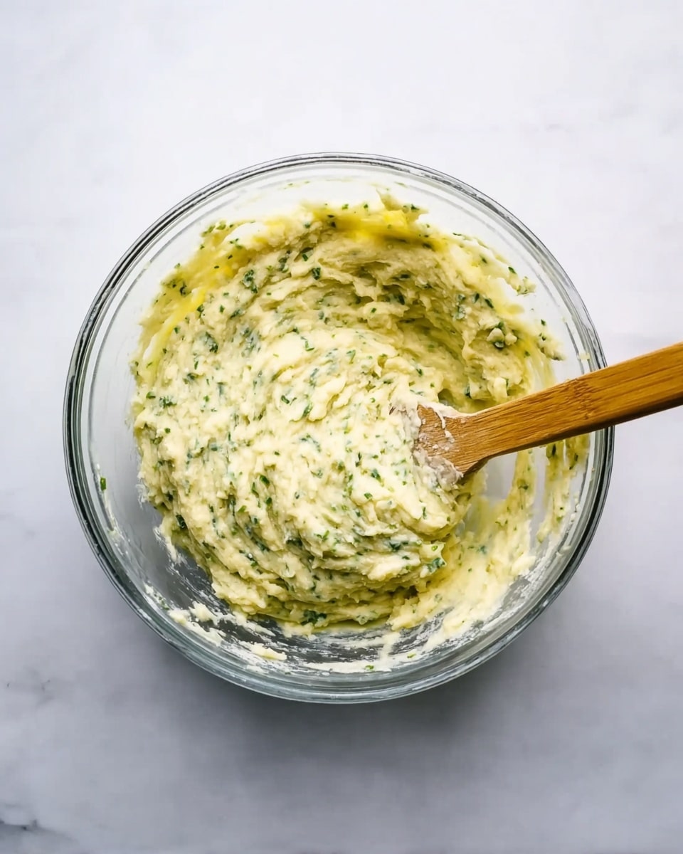 A clear glass bowl sits on a white marbled surface containing a thick, pale yellow mixture with green flecks evenly spread through it, suggesting herbs or vegetables finely mixed in. A wooden spatula rests inside the bowl, partially covered in the creamy, smooth mixture which has a slightly coarse texture. The scene is bright, with soft natural light highlighting the creamy layers and the subtle green bits, giving a fresh and homemade feel. photo taken with an iphone --ar 4:5 --v 7