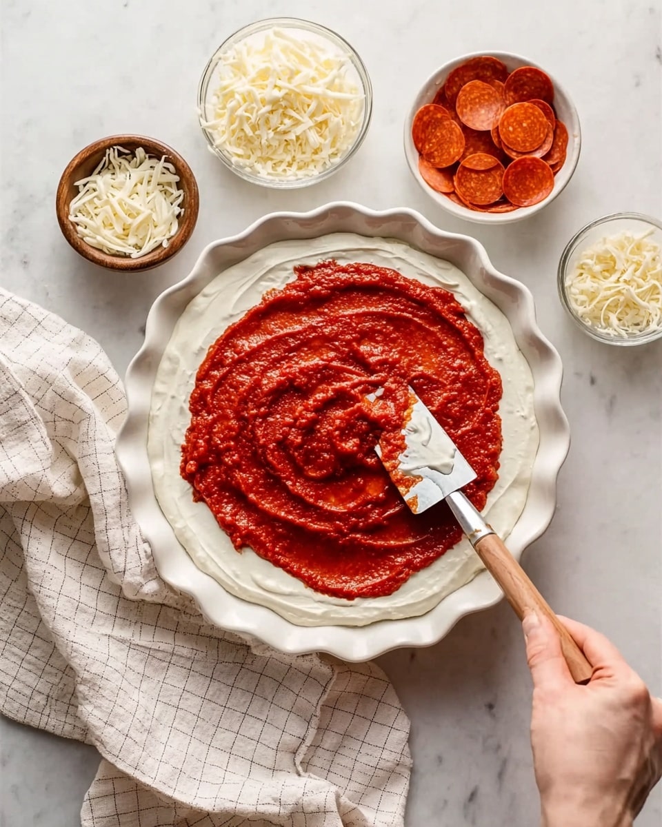 A white scalloped pie dish holds a base layer of smooth white cream spread evenly on the bottom. On top of this, a woman's hand with a spatula is spreading a thick, bright red tomato sauce, covering about half of the cream layer with a textured swirl pattern. Around the dish are three small bowls: one filled with shredded white cheese, another with thin, round slices of pepperoni stacked neatly, and a third bowl containing finely grated pale yellow cheese. The background is a white marbled surface, and a light-colored checkered cloth lies folded next to the dish. Photo taken with an iphone --ar 4:5 --v 7