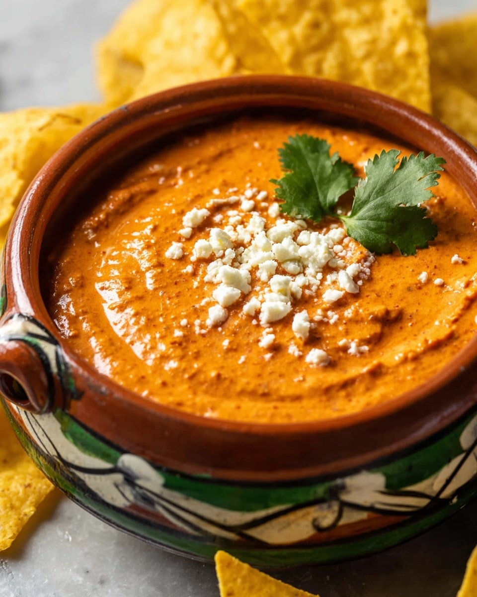 A close-up view of an orange creamy dip served in a rustic clay bowl with painted green, white, and black designs along the rim and handle. The dip has a smooth texture with small bits, topped with white crumbled cheese sprinkled in the center. Two green leaves of cilantro lay on top near the edge of the bowl. Around the bowl are scattered yellow triangular corn chips. The surface beneath the bowl is a white marbled texture. photo taken with an iphone --ar 4:5 --v 7