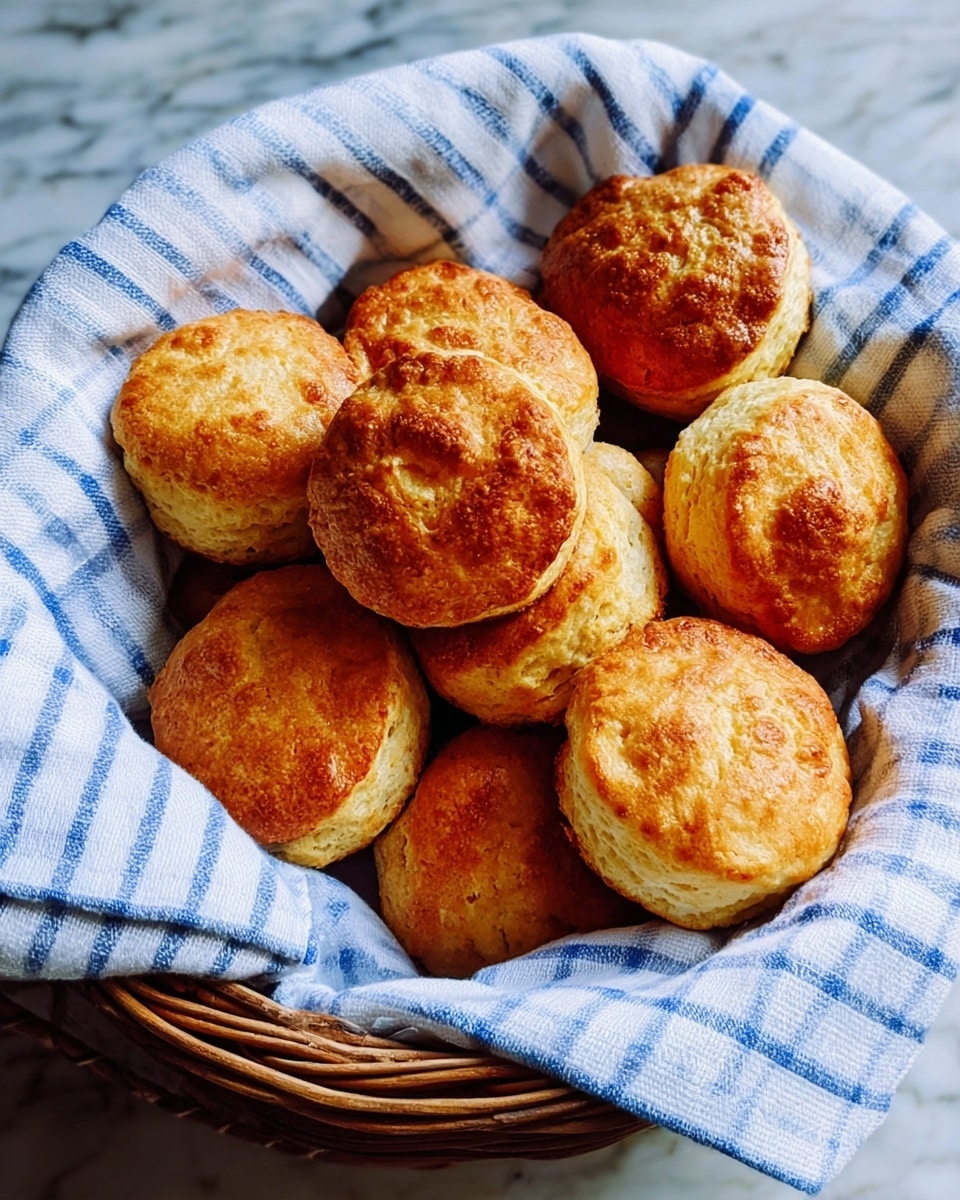 A basket lined with a white cloth that has a blue checkered pattern holds about a dozen round biscuits. The biscuits are golden brown with a slightly rough texture on top showing a baked crust. The basket sits on a white marbled textured surface. photo taken with an iphone --ar 4:5 --v 7