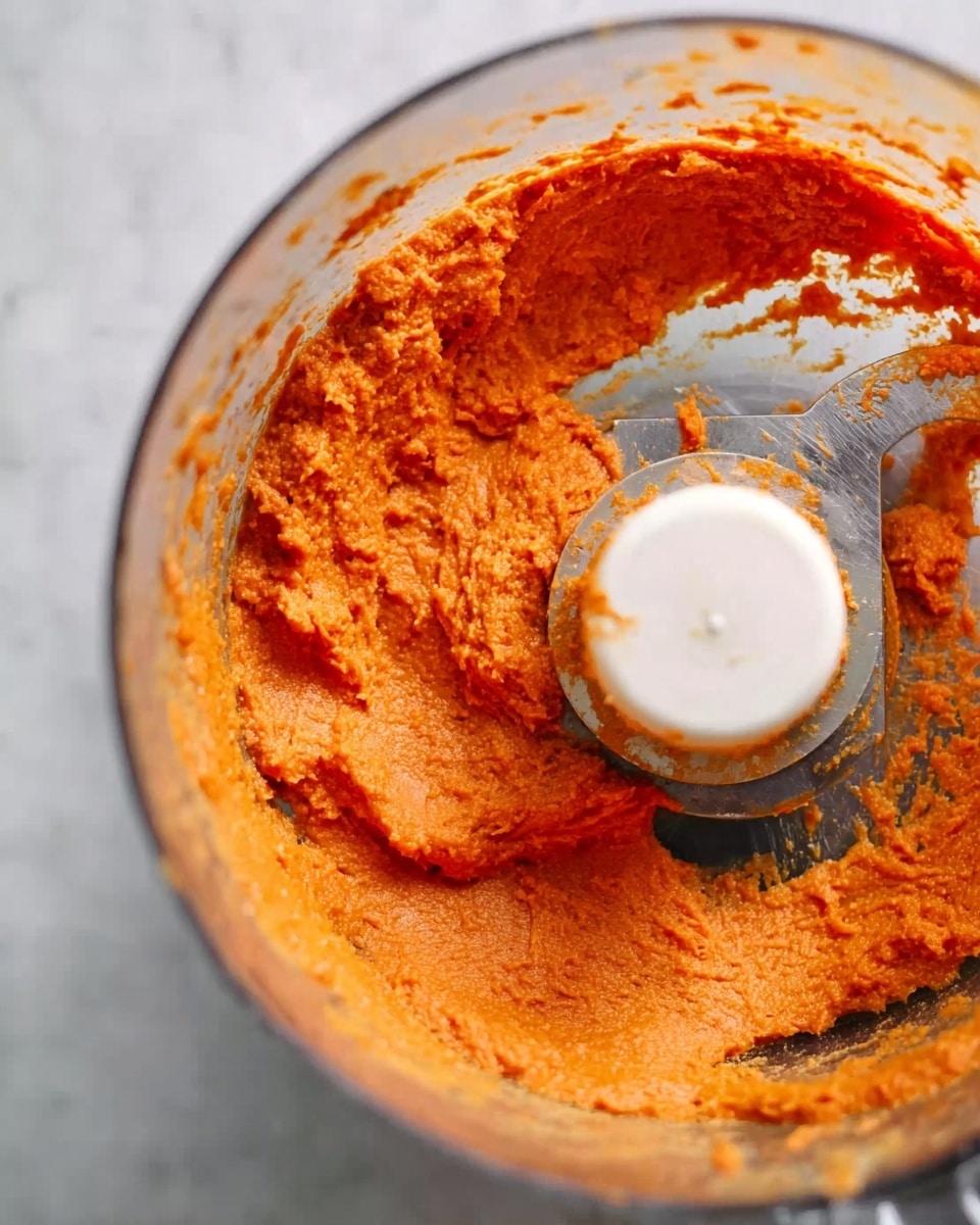 The image shows a close-up of a food processor bowl filled with a bright orange mixture that looks smooth but thick. The orange mixture is stuck to the sides of the clear bowl, with some spread evenly inside and some clumped near the white central blade. The bowl appears clean but has streaks of the orange substance along the inner walls. The background is a white marbled texture. photo taken with an iphone --ar 4:5 --v 7
