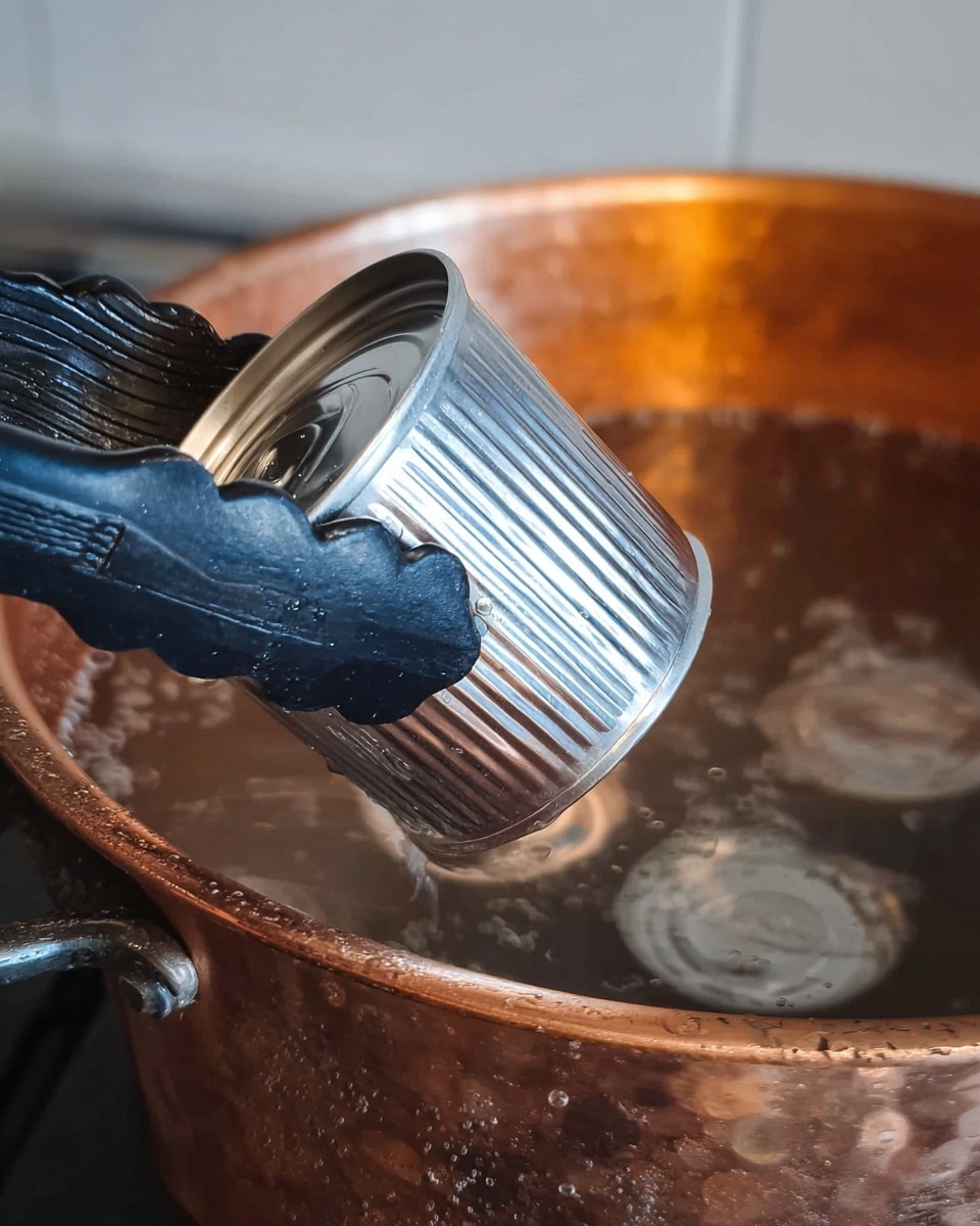 A close-up photo shows a silver metal can with ridges held by black silicone-tipped tongs above a pot of boiling water. The pot is copper-colored with bubbles on the outer surface, and inside the pot, there is another can partially submerged in the water. The background is simple and plain. photo taken with an iphone --ar 4:5 --v 7