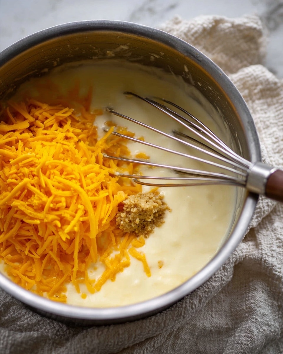 A close-up of a metal pot shows a creamy white sauce with a heap of bright orange shredded cheddar cheese and a dollop of grainy mustard on top. A metal whisk is partially dipped in the mixture, resting on the right side. The pot is placed on a soft textured fabric over a white marbled surface. Photo taken with an iphone --ar 4:5 --v 7