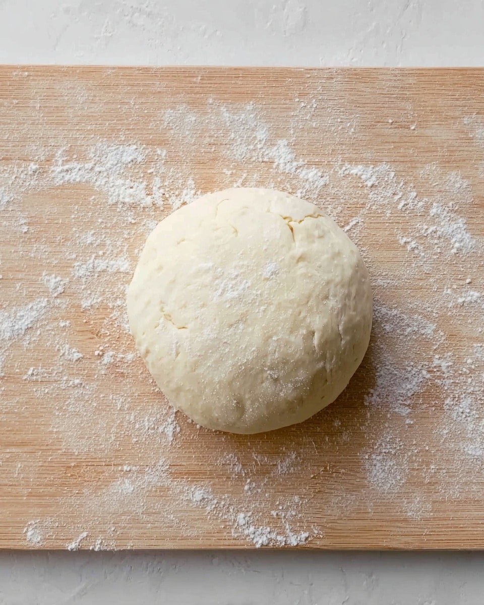 A single ball of dough with a smooth, slightly textured surface sits on a floured light wooden cutting board. The dough is pale cream in color with subtle small cracks and imperfections, surrounded by scattered flour dust that adds a powdery white contrast on the wood grain. The overall scene focuses closely on the dough ball from above, emphasizing its round shape and soft texture. The background is changed to a white marbled texture. photo taken with an iphone --ar 4:5 --v 7