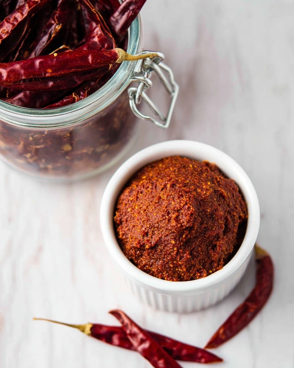 A small white bowl filled with a rough-textured dark reddish-brown paste, rounded on top with visible small bits of spices throughout. To the left, a glass jar with a bright metal clasp is filled with whole dried red chili peppers, some loose chili peppers lie on the white marbled surface below. The colors are warm and intense, with a contrast between the deep red chilies and the white bowl and surface. Photo taken with an iphone --ar 4:5 --v 7