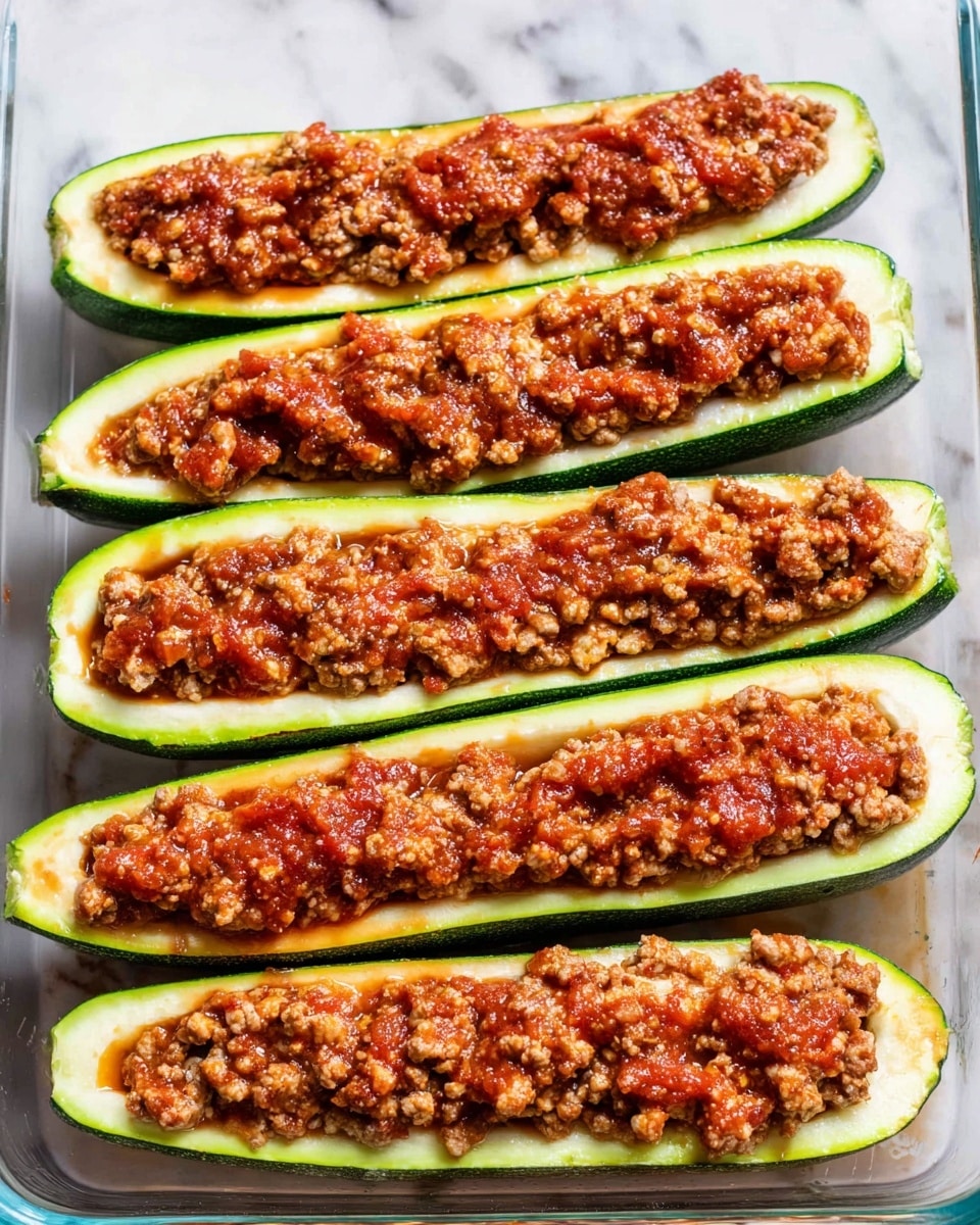 The image shows six zucchini boats arranged side by side in a glass baking dish, each zucchini sliced in half lengthwise and hollowed to create a cavity. The hollowed area is filled with a chunky, reddish-brown mixture that looks like cooked ground meat mixed with sauce, filling the zucchini cavities fully. The zucchini skin is bright green while the inner flesh is pale, contrasting with the rich color and rough texture of the filling. The dish sits on a white marbled surface, highlighting the fresh and hearty look of the stuffed zucchinis. photo taken with an iphone --ar 4:5 --v 7