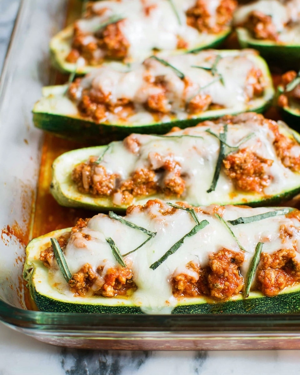 The image shows several zucchini halves arranged close together in a clear glass baking dish on a white marbled surface. Each zucchini half is hollowed out and filled with a layer of cooked, crumbled orange-brown meat mixed with sauce, which is topped with a smooth layer of melted white cheese. Thin strips of green herbs are sprinkled evenly over the cheese layer. The zucchinis have a fresh dark green outer skin and a light green inner flesh. The photo taken with an iphone --ar 4:5 --v 7