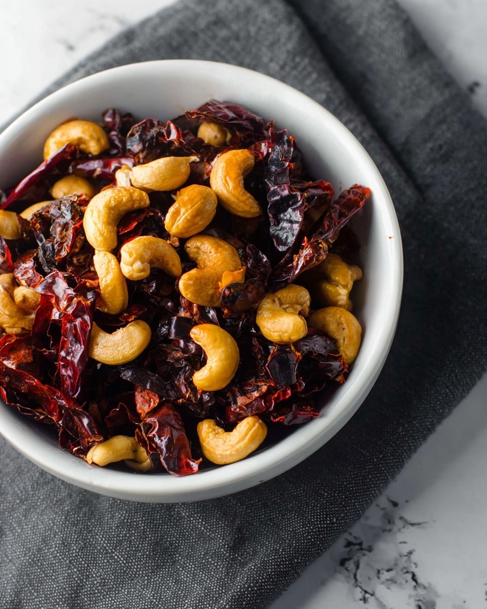 A white bowl filled with a mix of dark, dried red chili pieces and shiny, golden roasted cashew nuts. The chili pieces have a wrinkled texture and deep reddish-brown color, scattered evenly throughout the bowl, while the cashews sit on top and between them, showing their smooth and slightly curved shapes. The bowl is placed on a dark grey cloth, with a white marbled surface underneath. photo taken with an iphone --ar 4:5 --v 7
