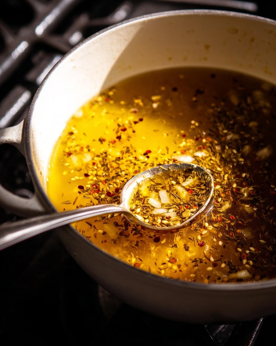 A close-up of a white pot filled with a bubbling golden-yellow broth containing small bits of translucent onion and various herbs and spices, visible as small sesame seeds and red pepper flakes floating on the surface and gathered on a silver spoon resting inside the pot. The pot is on a stove with a dark metal grate, and the light creates a warm shine on the liquid, highlighting the texture of the herbs and onion. photo taken with an iphone --ar 4:5 --v 7