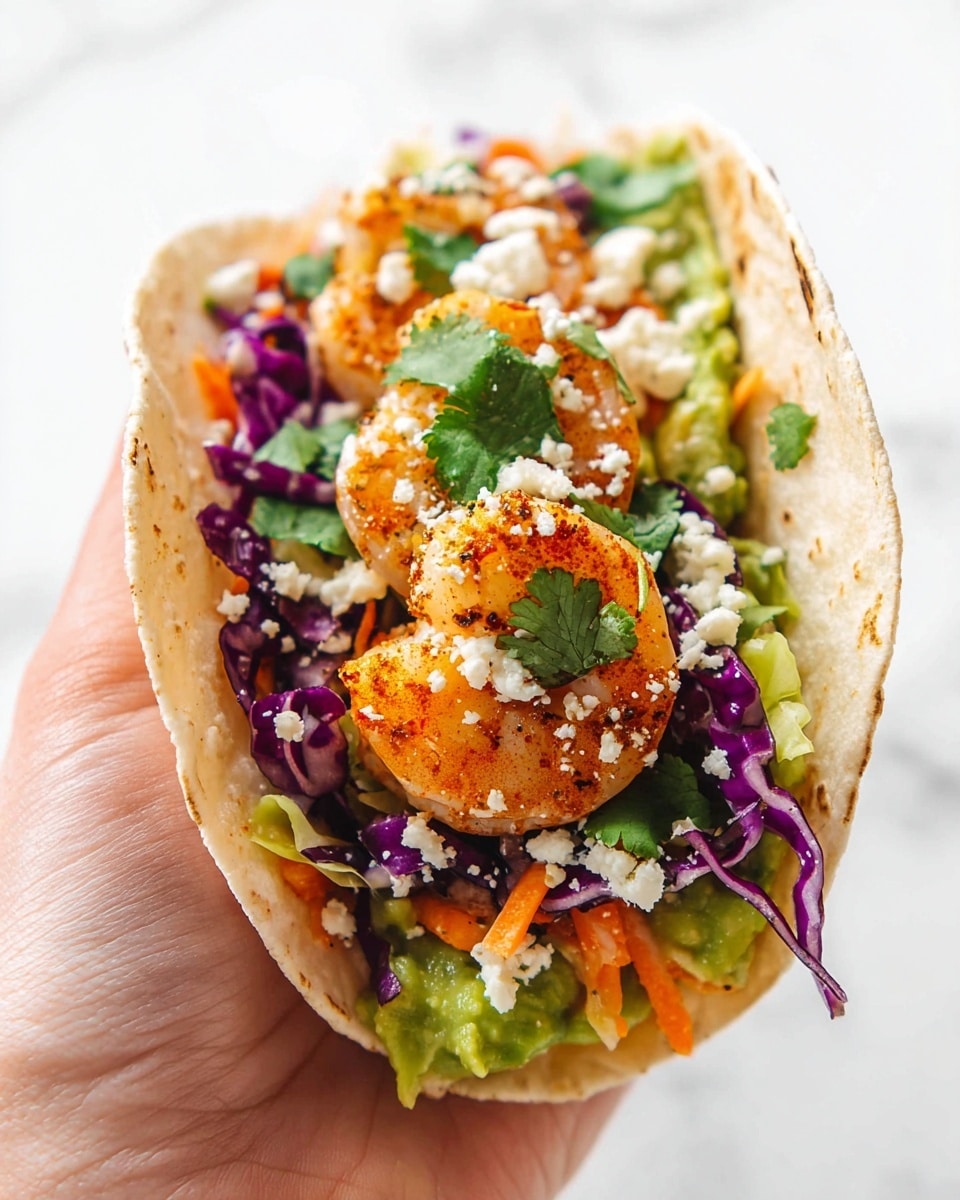 A white tortilla is held by a woman's hand and filled with several colorful layers: at the bottom is a layer of bright green mashed avocado, followed by a mix of shredded orange carrots, purple cabbage, and white cabbage with some green cilantro leaves scattered on top. On this mixture, there are two cooked shrimp with a light orange color and a dusting of spices. The dish is topped with crumbled white cheese and more green cilantro leaves. The background is a white marbled texture, photo taken with an iphone --ar 4:5 --v 7