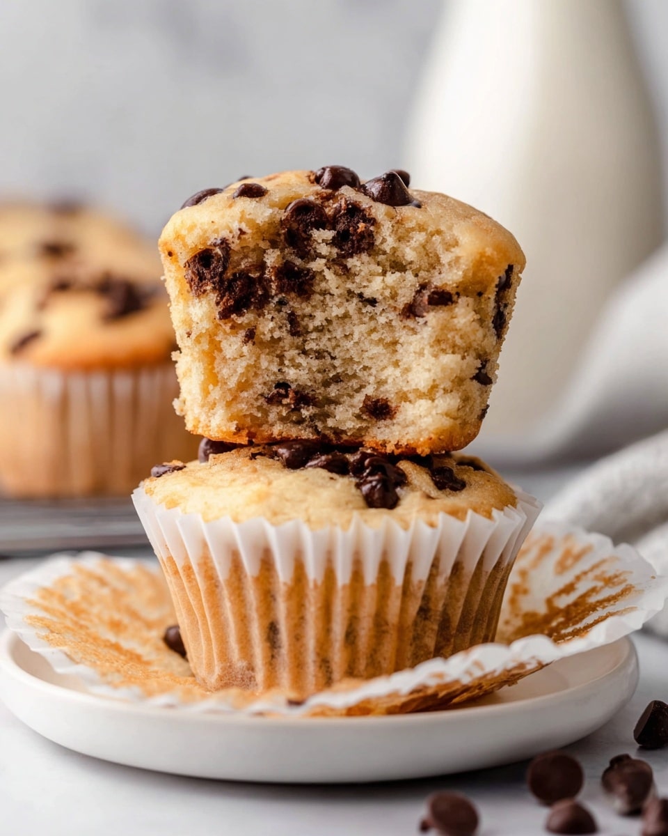 A close-up image showing two layers of a chocolate chip muffin on a white plate with a white marbled background; the bottom layer is a whole muffin in a white paper liner with visible chocolate chips inside and on the surface, and the top layer is half of the muffin placed upside down on the whole muffin, revealing the soft, light brown, crumbly inside with scattered melted chocolate chips; blurred muffins and a white bottle are in the background, photo taken with an iphone --ar 4:5 --v 7