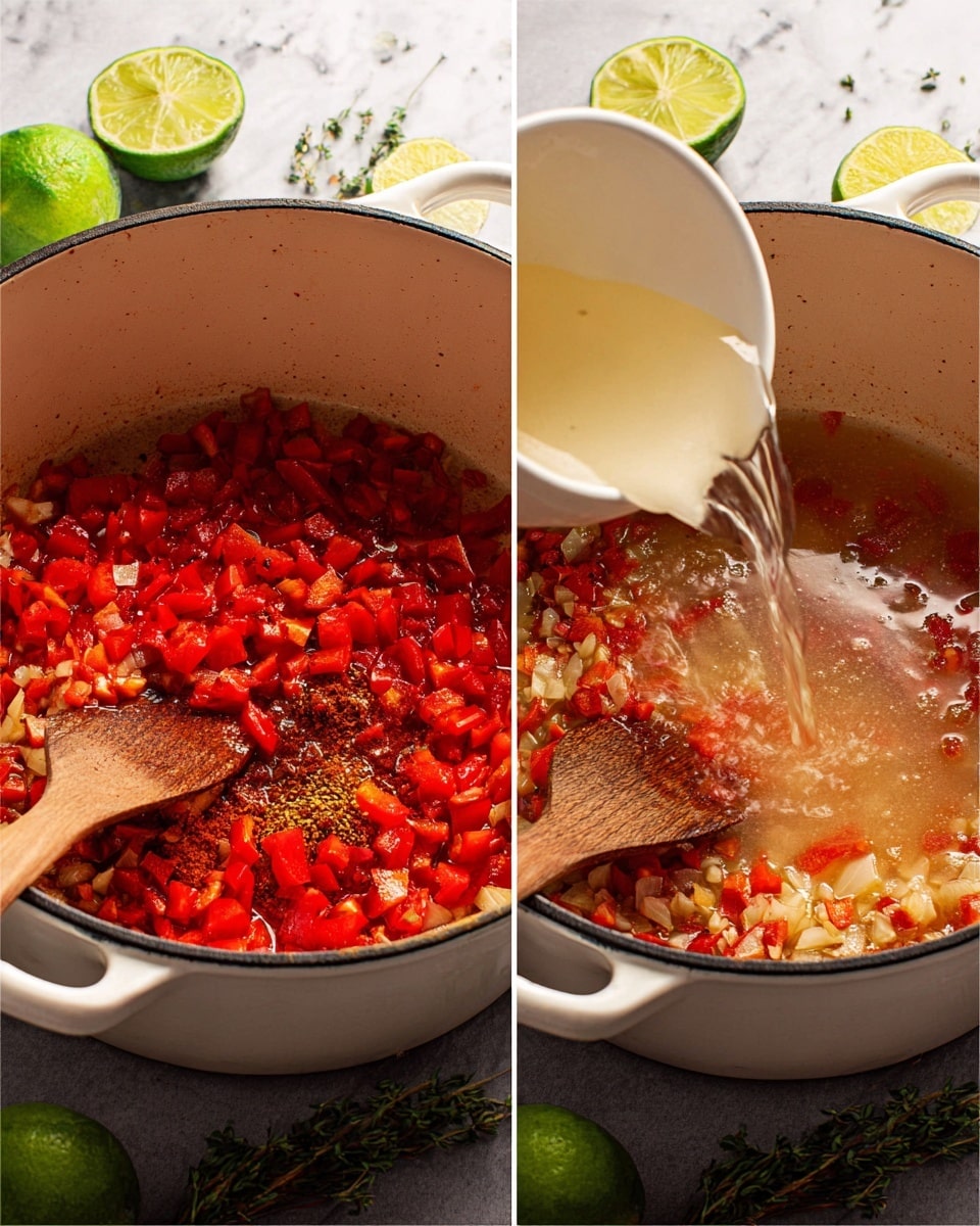 The image shows a large white pot on a white marbled surface. Inside the pot, there are two layers: the bottom layer is a mix of diced red bell peppers and chopped onions with spices, stirred with a wooden spoon; the second image shows a clear broth being poured into the pot, covering the red pepper, onion, and spice mixture. Around the pot, there are lime halves and some green herbs on a white marbled surface. photo taken with an iphone --ar 4:5 --v 7