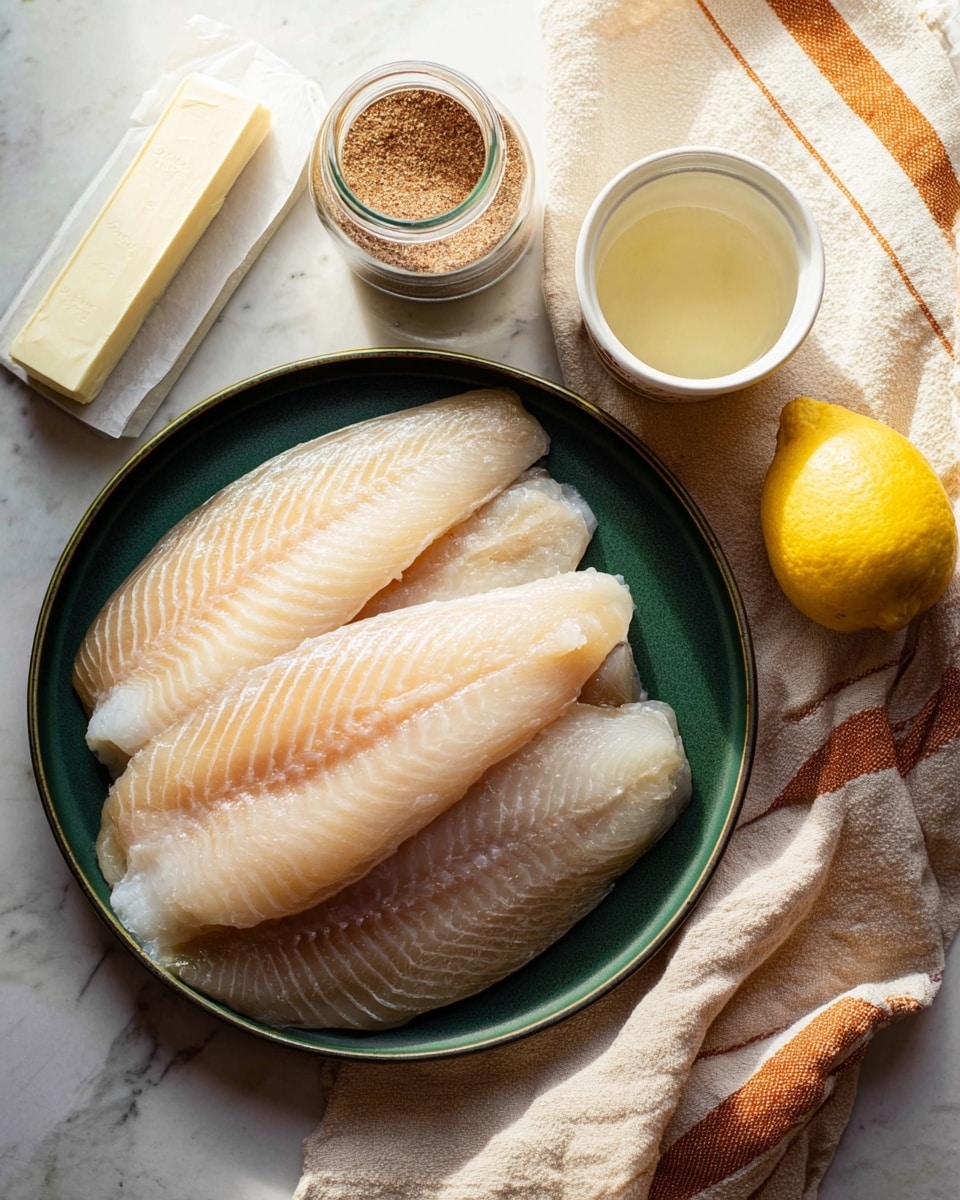 A dark green plate holds four large, raw fish fillets with a translucent, slightly shiny texture, showing gentle ridges and a light creamy color. Above the plate, there is a small glass jar filled with a brown spice mix, a partially opened stick of butter in a white wrapper, and a small white cup filled with a pale yellow liquid. To the right, a whole yellow lemon rests on a white marbled surface next to a beige cloth with orange stripes. The photo has soft, natural light and is taken from above. photo taken with an iphone --ar 4:5 --v 7