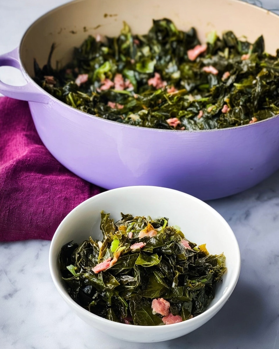 A large light purple pot filled with cooked dark green leafy vegetables and small pieces of pink meat sits in the background on a white marbled surface. In front of it, a white bowl contains a serving of the same cooked dark green leafy vegetables mixed with small bits of pink meat. To the left side of the pot, a folded dark purple cloth is placed, adding a soft texture contrast to the scene. The colors are natural, with the greens and pinks contrasting against the purple pot and white bowl, all resting on a clean white marbled surface. Photo taken with an iphone --ar 4:5 --v 7