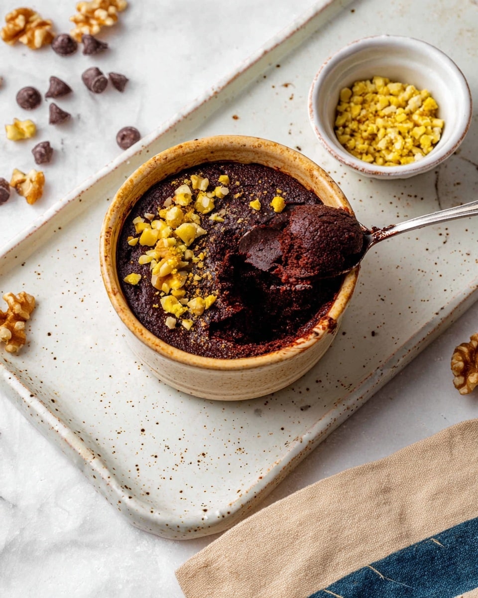 A small round white ceramic bowl is filled with a dark brown chocolate cake that looks soft and moist, topped with pieces of yellow nuts and larger walnut chunks scattered across the surface. A spoon lifts a piece of the cake, showing its fluffy texture and deep chocolate color. The bowl sits on a white marbled surface with a couple of small white bowls in the background, one containing walnut pieces and the other holding more yellow nut pieces. Chocolate chips are also scattered on the cake and nearby on the surface, with a glass jar filled with a light cream liquid slightly blurred in the background. photo taken with an iphone --ar 4:5 --v 7