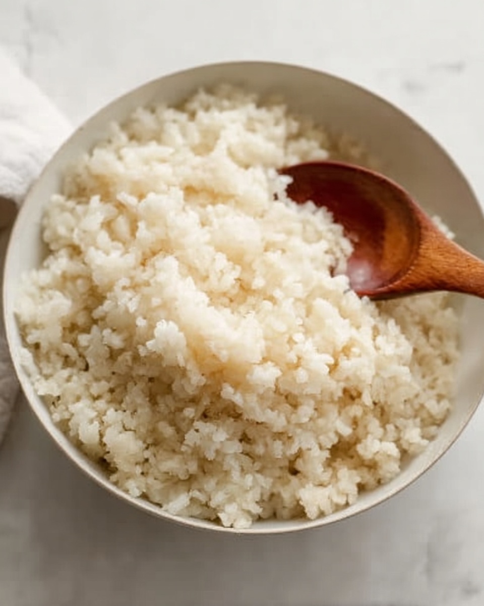 A close-up view of a white bowl filled with fluffy, light beige cooked rice. The rice grains look soft and slightly sticky, filling the bowl almost to the top. A wooden spoon with a smooth, light brown handle is placed inside the bowl, partially covered by the rice. The bowl sits on a white marbled surface, and the lighting is soft and natural, highlighting the texture of the rice. Photo taken with an iphone --ar 4:5 --v 7