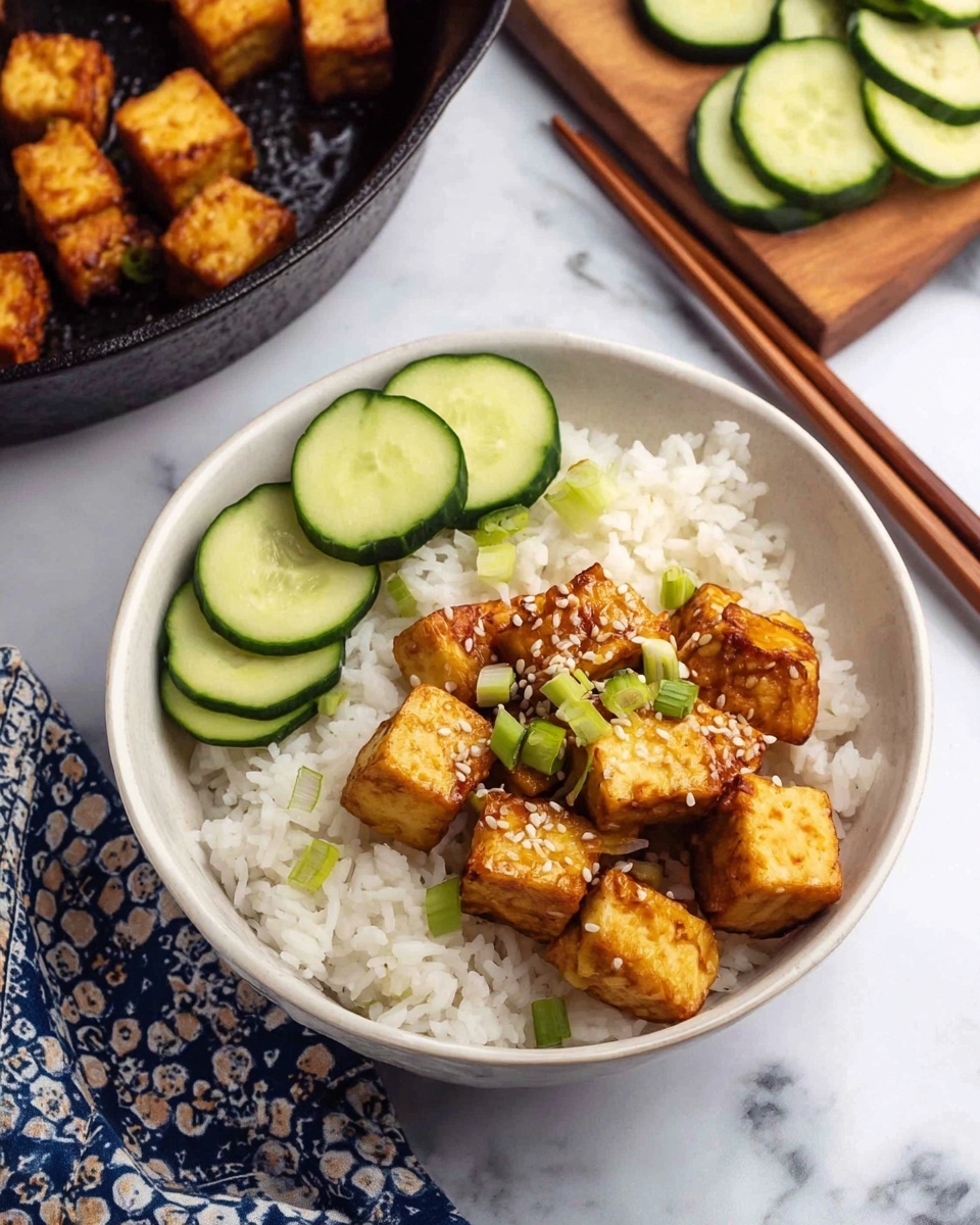 The image shows a white bowl on a white marbled surface filled with steamed white rice as the base layer. On top of the rice, there are golden-brown tofu cubes with a slightly crispy texture, sprinkled with white sesame seeds and small pieces of green onion. On one side of the bowl, thin cucumber slices are arranged in a neat row, showing light green skin and pale inside. Behind the bowl, there is a black pan with more golden-brown tofu cubes and a wooden board with cucumber slices on the right side. A pair of wooden chopsticks rests near the bowl on the left side, and a patterned cloth with blue and white shapes lies next to the bowl on the right. Photo taken with an iphone --ar 4:5 --v 7