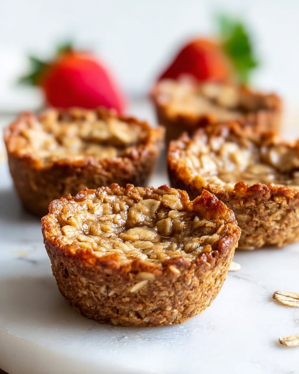 The image shows four small oatmeal cups placed on a white marbled surface. Each cup has a rough texture made from baked oats, with a golden brown color that looks crunchy. The cups are hollow inside, showing a slightly glossy, sticky oat layer. The edges have an uneven, natural shape. In the background, there are blurred red strawberries and green leaves adding a fresh touch. The lighting highlights the detailed oat flakes and gives a warm, inviting look. Photo taken with an iphone --ar 4:5 --v 7