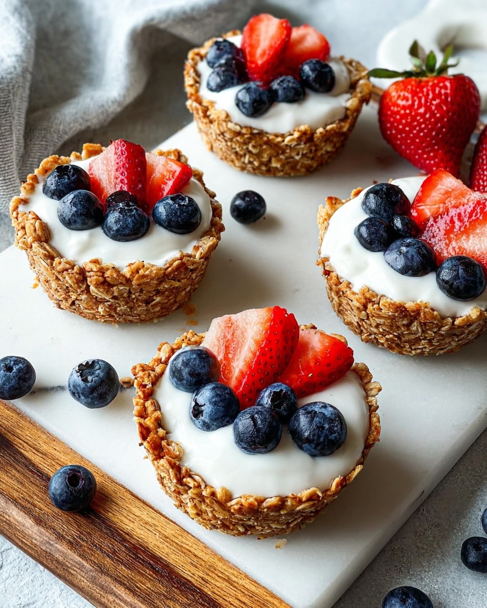 Four small oat cups with a rough textured golden-brown crust are filled with smooth white yogurt. Each cup is topped with three to four fresh berries, including deep blue blueberries and bright red strawberry slices. The oat cups sit on a white marble board with a wooden strip in the middle, surrounded by scattered blueberries and two whole strawberries. The background includes a soft, light gray cloth with folds. Photo taken with an iphone --ar 4:5 --v 7