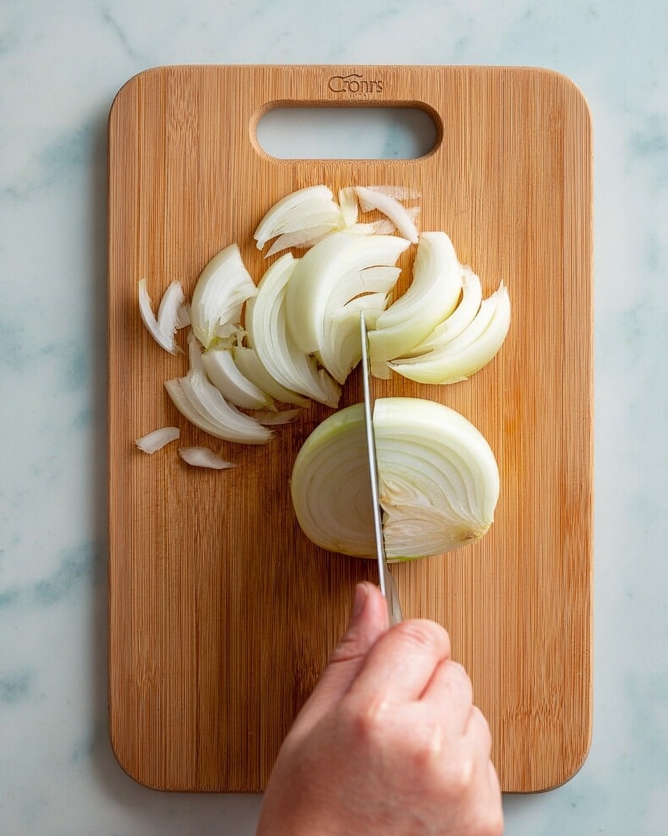 A close-up image shows a woman's hand slicing a white onion on a rectangular wooden cutting board with rounded edges and a handle hole at the top. The onion is half-cut, with thin, curved white layers and some light green parts near the center. The sliced onion pieces are arranged in a small pile above the half onion on the board. The background is a white marbled texture. Photo taken with an iphone --ar 4:5 --v 7