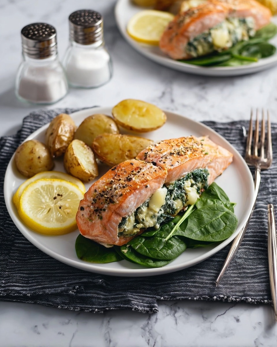 A white plate on a dark gray striped cloth holds a meal on a white marbled surface. On the plate, there is a piece of cooked salmon stuffed with a creamy mixture of green leafy vegetables, with black pepper sprinkled on top. Underneath the salmon are fresh green spinach leaves and thin yellow lemon slices. To the side, there are golden-brown roasted potato halves. In the background, part of another white plate with the same meal is visible along with salt and black pepper shakers. Photo taken with an iphone --ar 4:5 --v 7