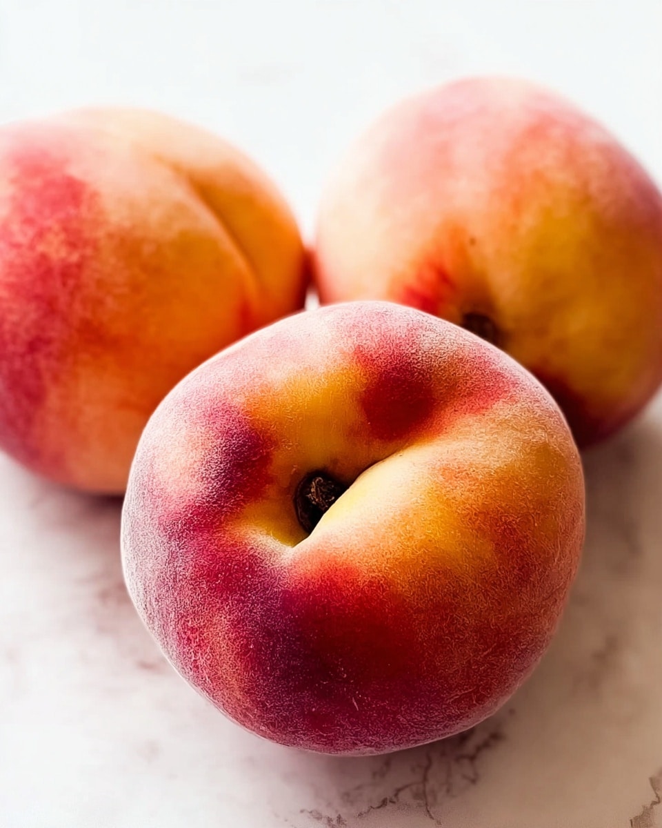 The image shows three whole peaches placed close together on a white marbled surface. Each peach has a soft, fuzzy skin with colors that blend from light orange to pink and red tones. The peaches have natural indentations near the center where the stem is visible. The texture looks smooth and fresh, with a subtle shine on the fruit skin. photo taken with an iphone --ar 4:5 --v 7