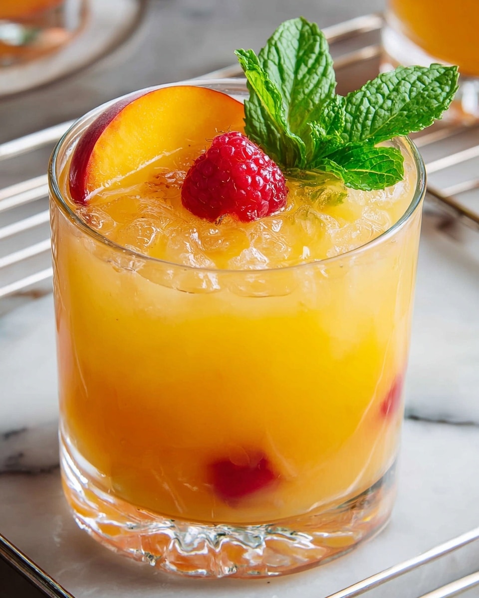 The image shows three short clear glasses filled with a bright orange-yellow drink topped with small ice pieces. Each glass contains layers of drink and ice, with red raspberries and thin slices of peach near the top. Fresh green mint leaves sit on top of the ice, adding a pop of color. The glasses are placed on a metal cooling rack over a white marbled surface, with extra raspberries and peach slices scattered around. The overall look is fresh and colorful, perfect for a summer drink photo taken with an iphone --ar 4:5 --v 7