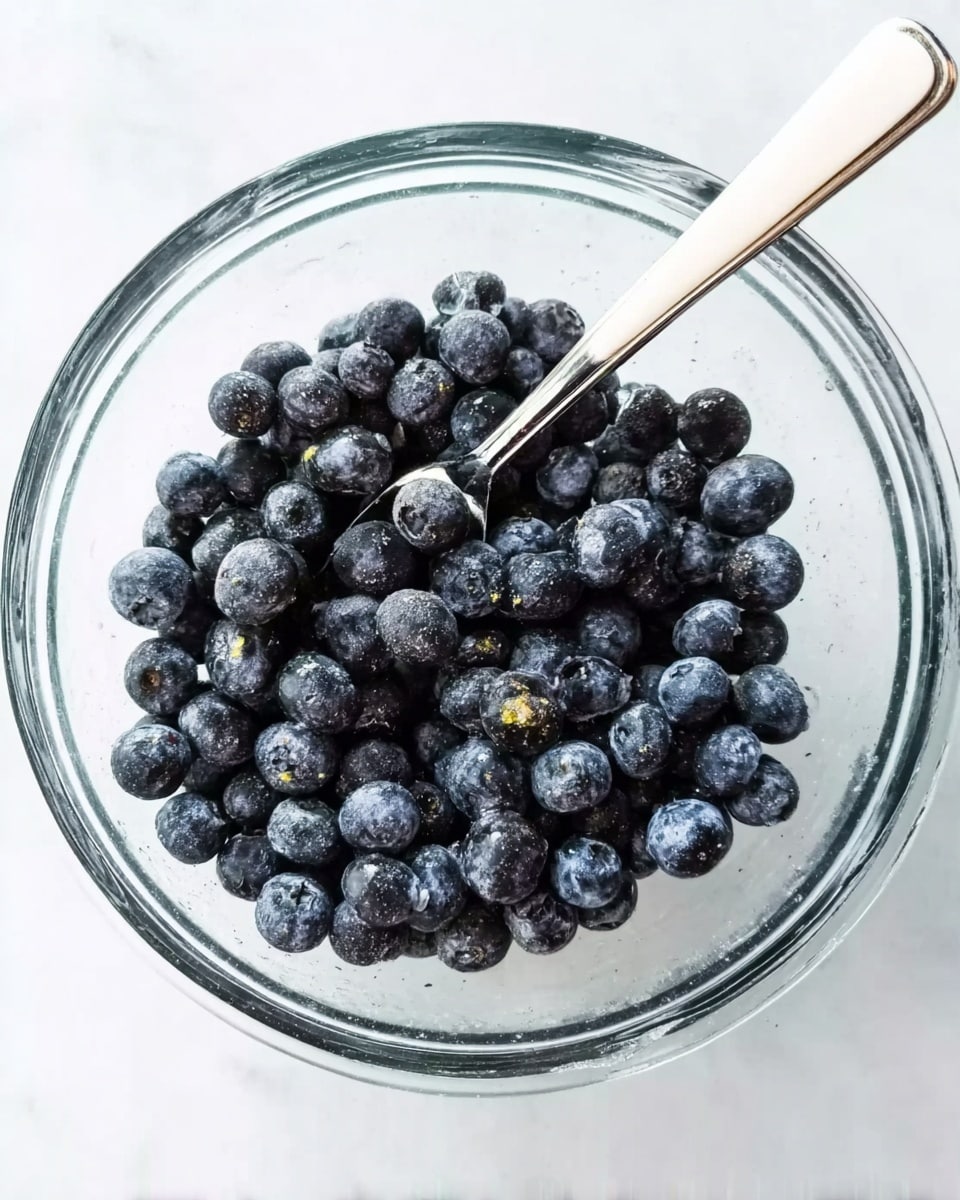 A clear glass bowl filled with a single layer of fresh, dark blue blueberries that have a slight shine, showing some small light reflections. A silver spoon with a white handle rests inside the bowl, partly sinking into the blueberries. The bowl is placed on a white marbled surface that adds subtle texture in the background. Photo taken with an iphone --ar 4:5 --v 7