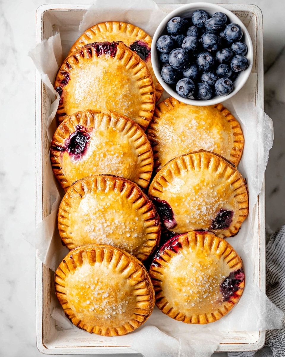 A rectangular white tray holds seven round golden-brown hand pies arranged in two rows, each pie having a crimped edge with a small fork-like pattern. The pies have a shiny, glazed top sprinkled with coarse sugar crystals and dark purple berry filling leaking through small cracks or slits on each pie’s surface. In the top right corner of the tray, there is a small white bowl filled with fresh, plump, dark blue blueberries. The tray is lined with white parchment paper and sits on a white marbled surface. Photo taken with an iphone --ar 4:5 --v 7