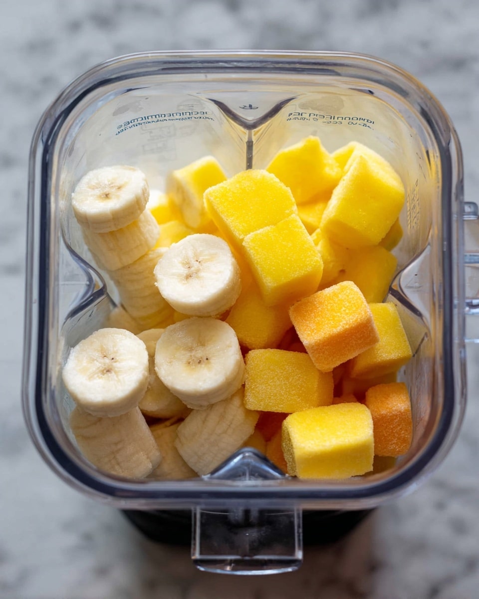 The image shows a clear blender container filled with several layers of frozen fruit pieces. The bottom layer has round slices of pale cream-colored banana. Above them, there are medium-sized, bright yellow ice cubes and chunks, along with a few orange-yellow cubes on the right side. The fruit pieces have a frosty texture. The blender is placed on a white marbled surface. photo taken with an iphone --ar 4:5 --v 7