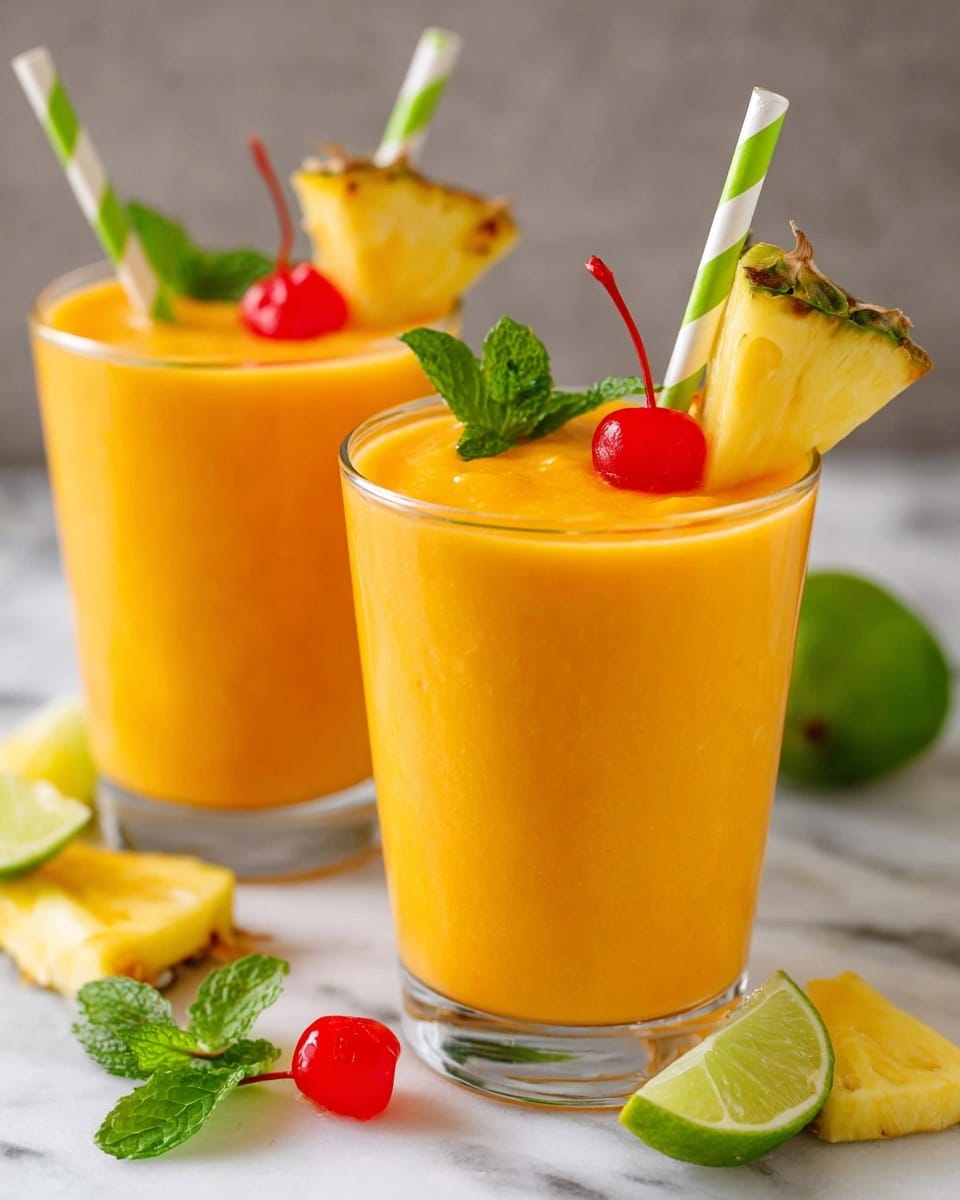 Two clear glasses filled with a smooth, thick, bright orange mango smoothie are placed on a white marbled surface. Each glass is decorated with a green and white striped straw standing upright in the drink. On the rim of each glass, there is a small triangular slice of pineapple, a green lime wedge, and a fresh green mint leaf. A single red maraschino cherry sits on top of the smoothie in each glass. Around the glasses, there are additional pieces of pineapple, lime wedges, and scattered mint leaves. Photo taken with an iphone --ar 4:5 --v 7