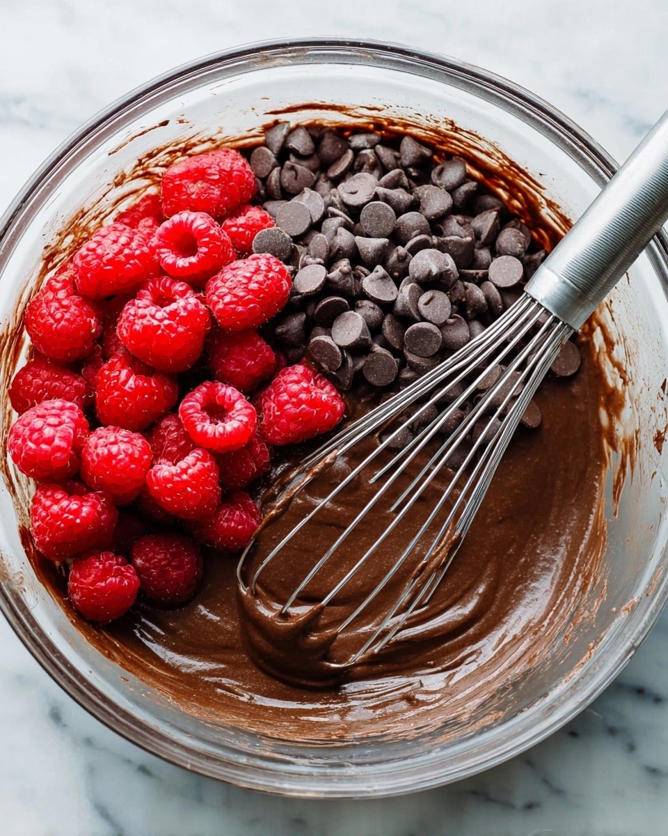 A clear glass bowl filled with smooth, thick dark brown chocolate batter is placed on a white marbled surface. On top of the batter, there are two distinct piles: one with fresh, bright red raspberries showing their texture and hollow centers, and another with glossy dark brown chocolate chips, both mostly on the left side. A metal whisk with a shiny handle is resting inside the bowl, partly covered in batter, with its wires touching the mixture near the raspberry and chocolate chip piles. The bowl has some batter residue around the rim. photo taken with an iphone --ar 4:5 --v 7