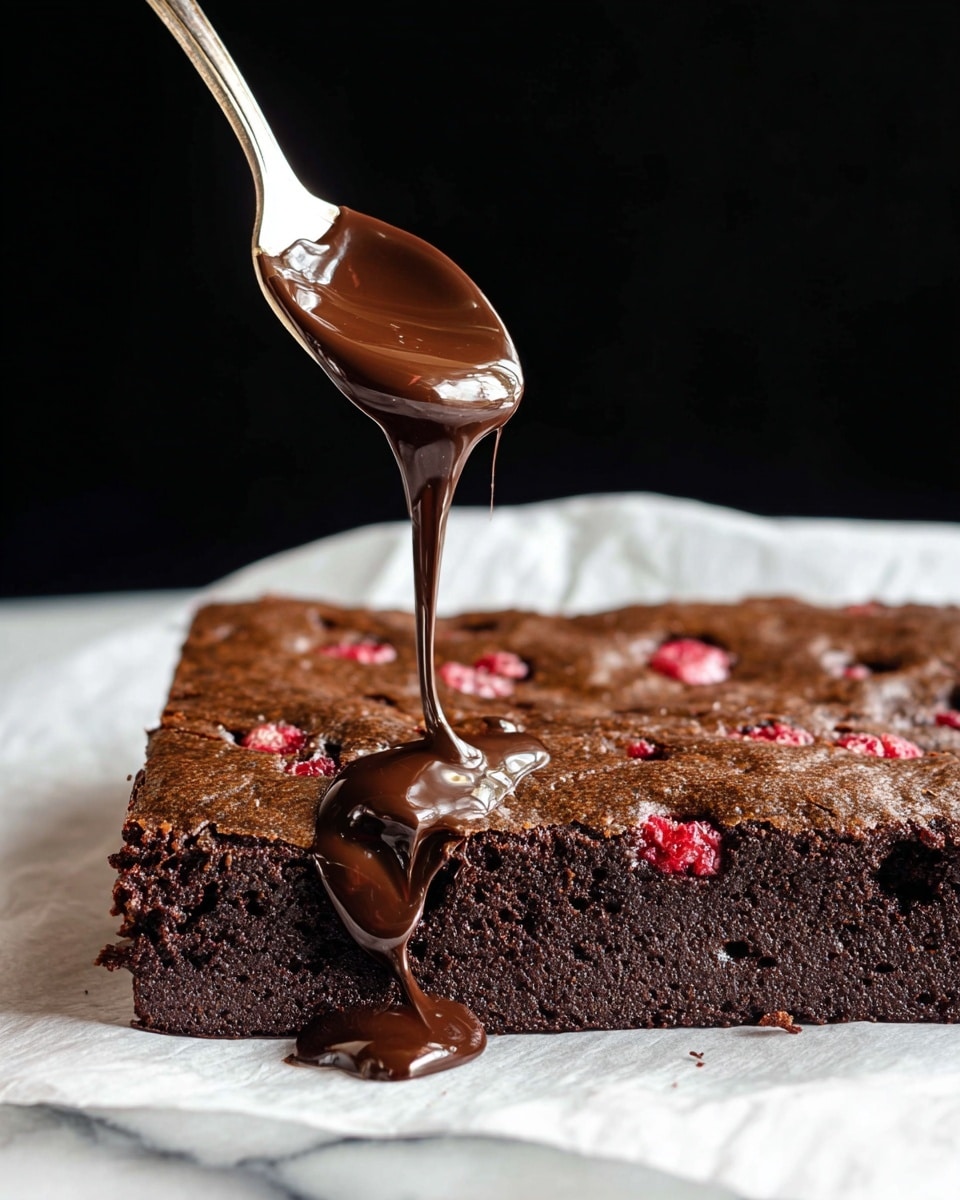 The image shows a square chocolate brownie with a dark, moist texture and small red bits embedded evenly across its surface. A silver spoon is drizzling thick, shiny melted chocolate in thin lines and small blobs over the left part of the brownie. The brownie rests on white parchment paper, which lies on a white marbled surface, and the background is black, contrasting with the rich brown of the brownie and the glossy chocolate drizzle. Photo taken with an iphone --ar 4:5 --v 7