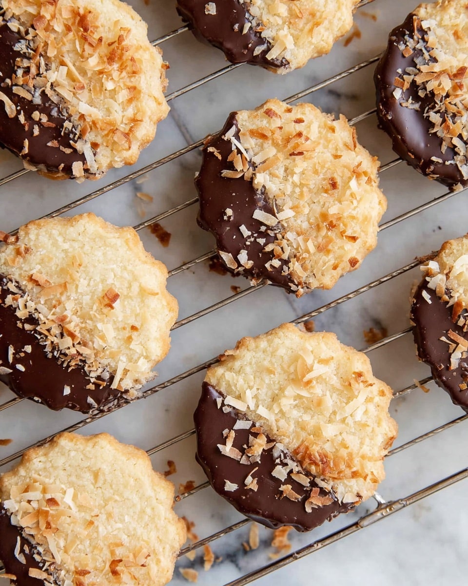 Several cookies are shown on a metal cooling rack placed on a white marbled surface. Each cookie has two layers; the bottom layer is a light golden-brown cookie with a smooth texture. The top half of each cookie is dipped in dark glossy chocolate, which holds light golden toasted shredded coconut flakes on it. The contrast between the pale cookie, dark chocolate, and golden coconut flakes creates a rich texture and color combination. Photo taken with an iphone --ar 4:5 --v 7