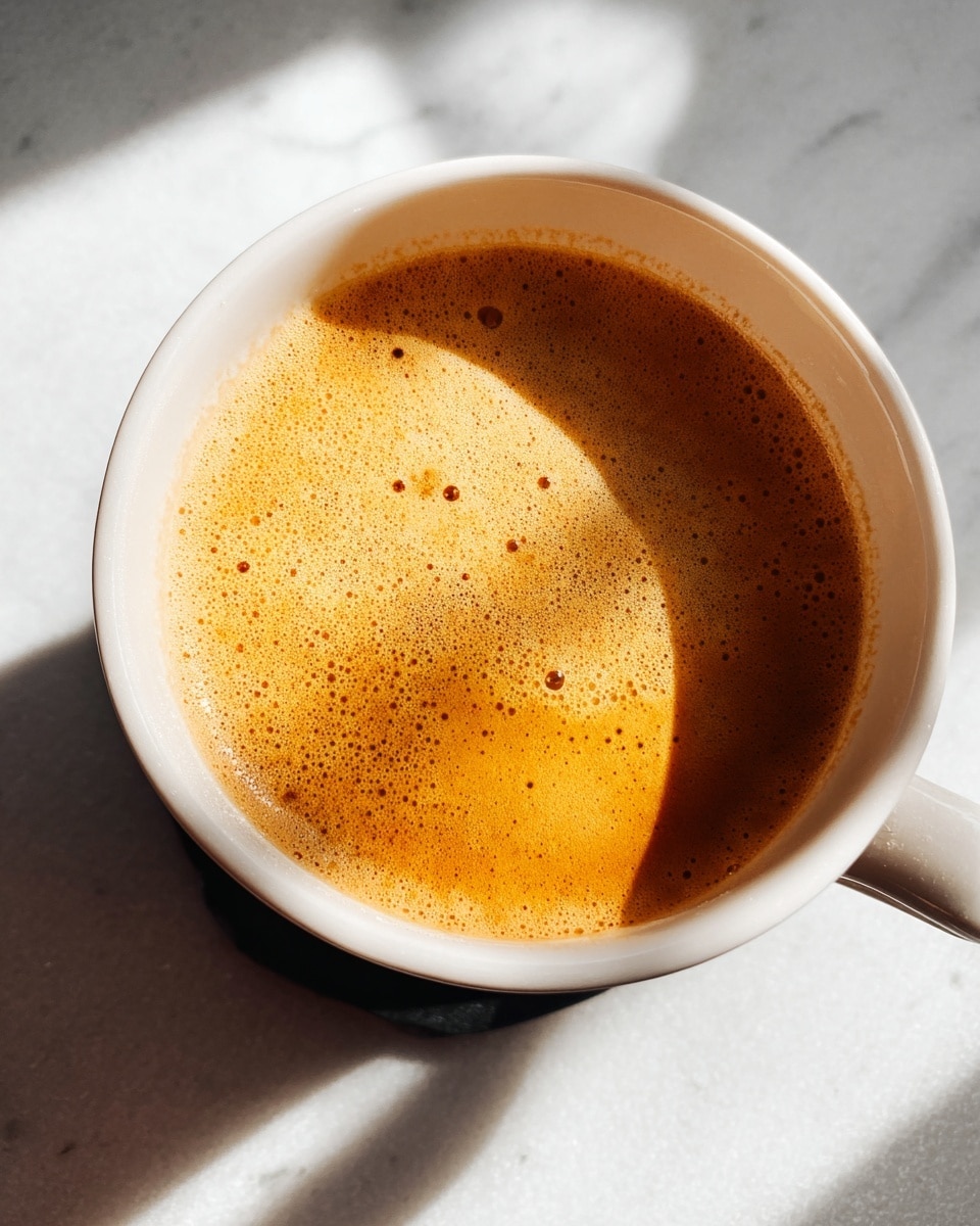 A close-up view of a white cup filled with rich, golden brown coffee topped with a layer of light, foamy crema that has small bubbles around the edges. The cup is placed on a smooth white marbled surface with soft natural light casting shadows across the coffee, adding depth to the warm tones of the drink. The handle of the cup is visible on the lower right side. photo taken with an iphone --ar 4:5 --v 7