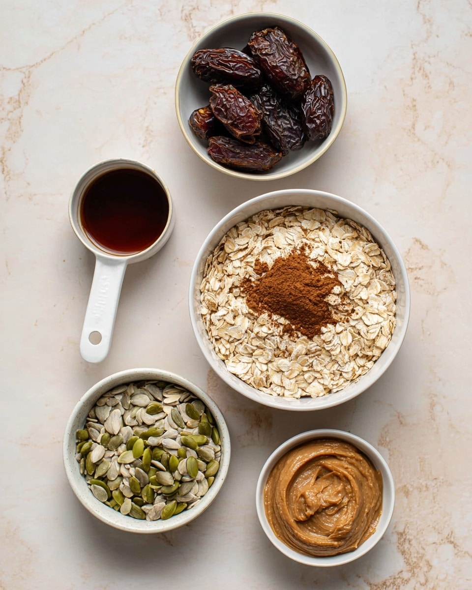 The image shows four white bowls and a white measuring spoon placed on a white marbled surface. The largest bowl, positioned near the center right, is filled with light beige rolled oats with a small mound of dark brown cinnamon powder on top, slightly off-center. Above it and slightly to the left is a bowl with dark brown, crinkled dried dates. Below the oats bowl, there is a bowl filled with a mix of green pumpkin seeds and pale gray sunflower seeds. To the right of the seed bowl, a small bowl contains light brown almond butter with a smooth texture. Between the oats and date bowls, the white measuring spoon holds a dark brown liquid. The overall setting has a clean and natural look. photo taken with an iphone --ar 4:5 --v 7