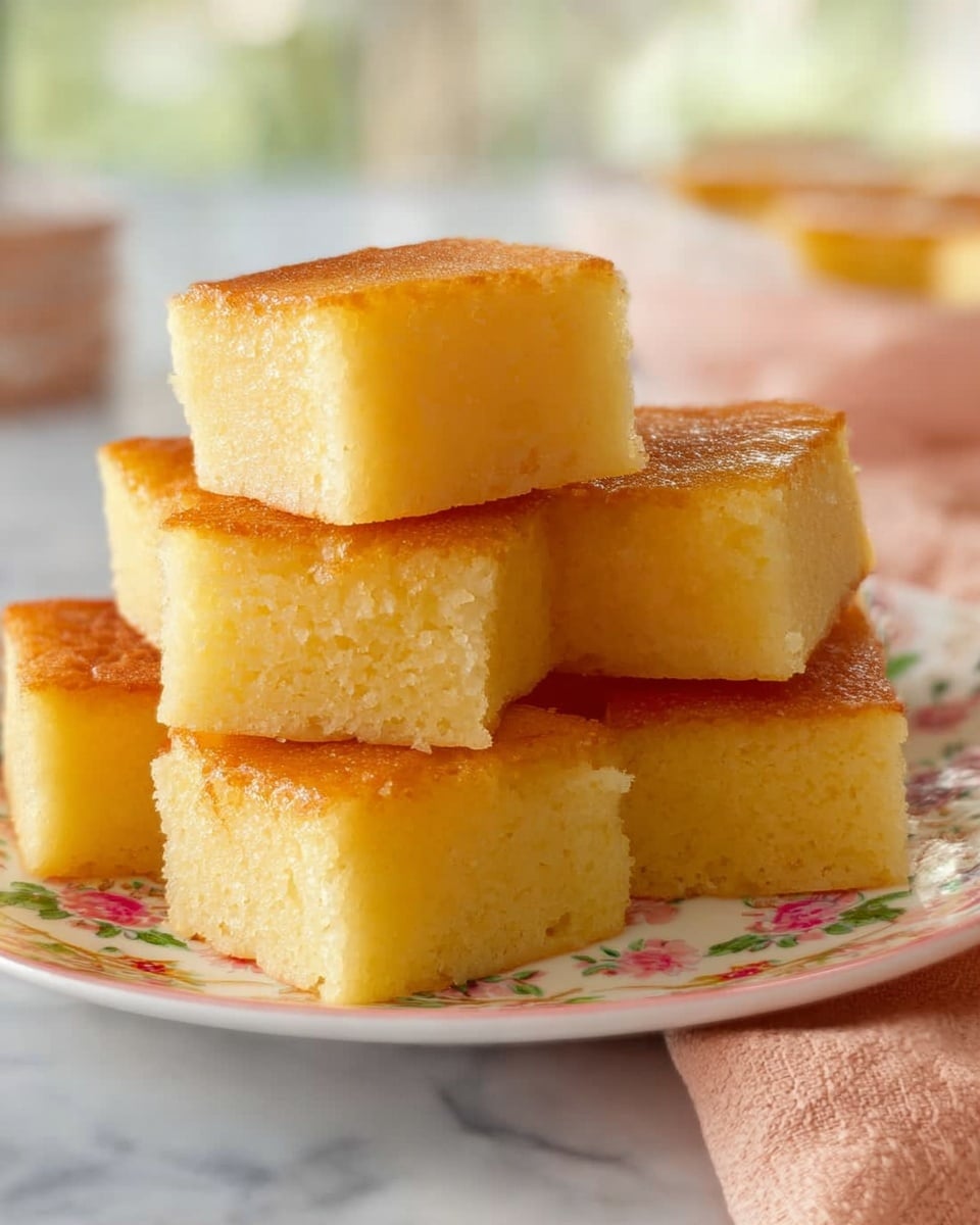 There is a stack of six square pieces of soft yellow cake with a golden brown top on a white plate decorated with colorful floral patterns around the edge. The cakes have a smooth texture with slightly glowing surfaces and are piled up in a pyramid shape. The plate sits on a white marbled surface with a pale peach cloth napkin nearby. The background is softly blurred with natural light coming through. photo taken with an iphone --ar 4:5 --v 7