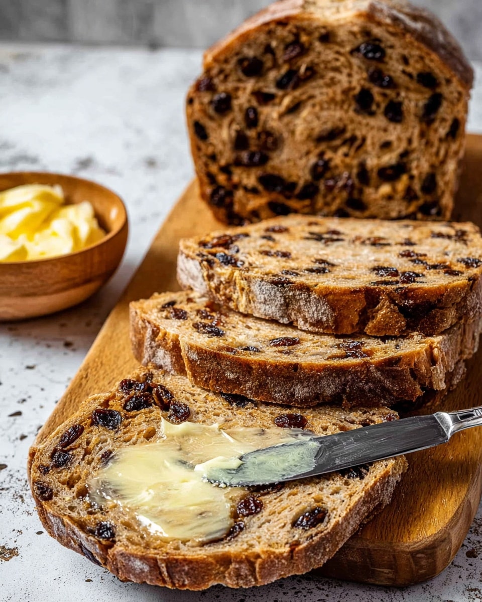 The image shows a wooden board with four slices of dark brown bread filled with many raisins inside. One slice is in front, covered with a shiny layer of melted butter being spread with a silver knife. Behind the slices, there is one large piece of the same bread standing upright, showing its inner texture with raisins. To the side, there is a small wooden bowl filled with yellow butter. The background has a white marbled texture. photo taken with an iphone --ar 4:5 --v 7
