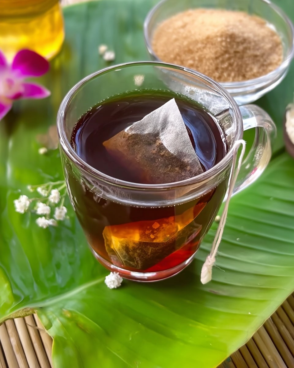 A clear glass cup filled with dark brown tea shows a tea bag steeping inside, its bag resting at the bottom and a white string hanging over the side. The cup is placed on a bright green banana leaf which serves as a tray, dotted with small white flowers and a small glass bowl filled with light brown sugar in the background. The surface beneath the banana leaf is made of thin parallel bamboo sticks. Photo taken with an iphone --ar 4:5 --v 7