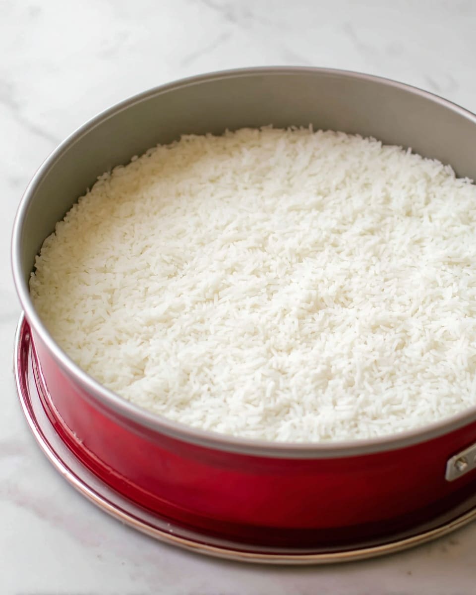 A close-up image of a red springform pan with a white inside, filled with an even layer of white, cooked rice that has a slightly fluffy texture. The pan rests on a plate, all set on a white marbled surface. The rice fills the pan nearly to the top, showing small grain details across the surface. Photo taken with an iphone --ar 4:5 --v 7