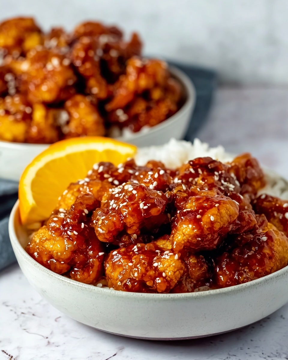 The image shows two white bowls filled with golden brown fried cauliflower pieces covered in a shiny, thick, reddish-brown sauce sprinkled with small white sesame seeds. The bowl in the front is the focus and also contains a white rice bed beneath the cauliflower, partially visible on one side, with a bright orange wedge placed next to the food. The background has a white marbled texture, with the second bowl slightly blurred behind, also full of the same saucy cauliflower. Photo taken with an iphone --ar 4:5 --v 7