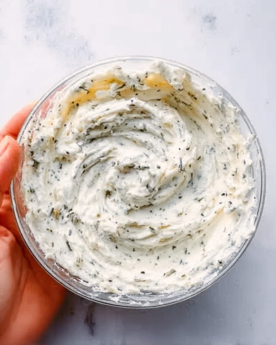 A clear glass bowl filled with a mixture of white creamy spread with small green herbs mixed throughout, swirled softly in the center. A woman's hand is holding the bowl from the side against a white marbled surface. The texture of the spread looks smooth with some small bits of herbs visible. photo taken with an iphone --ar 4:5 --v 7