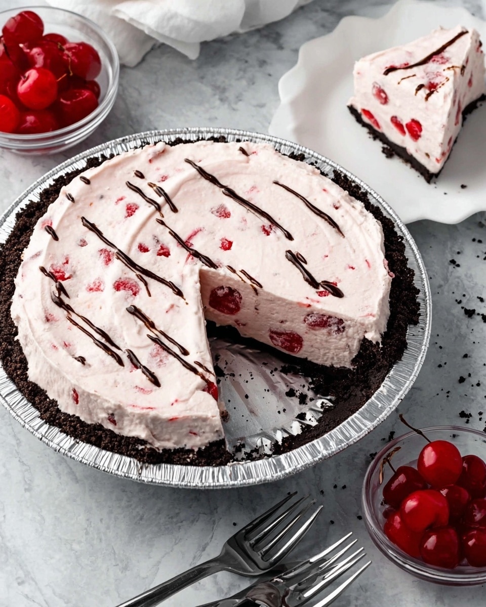 The image shows a pie with three visible layers: the bottom crust is dark brown and crumbly, made of crushed cookies in a silver foil pie pan; the middle and top layers are smooth and light pink with small bright red cherry pieces mixed inside; one slice has been removed, revealing the creamy texture of the filling. Nearby, a white scalloped plate holds the slice of pie decorated with dark chocolate drizzle, and a small clear bowl filled with shiny red cherries sits next to three forks on a white marbled surface. Photo taken with an iphone --ar 4:5 --v 7