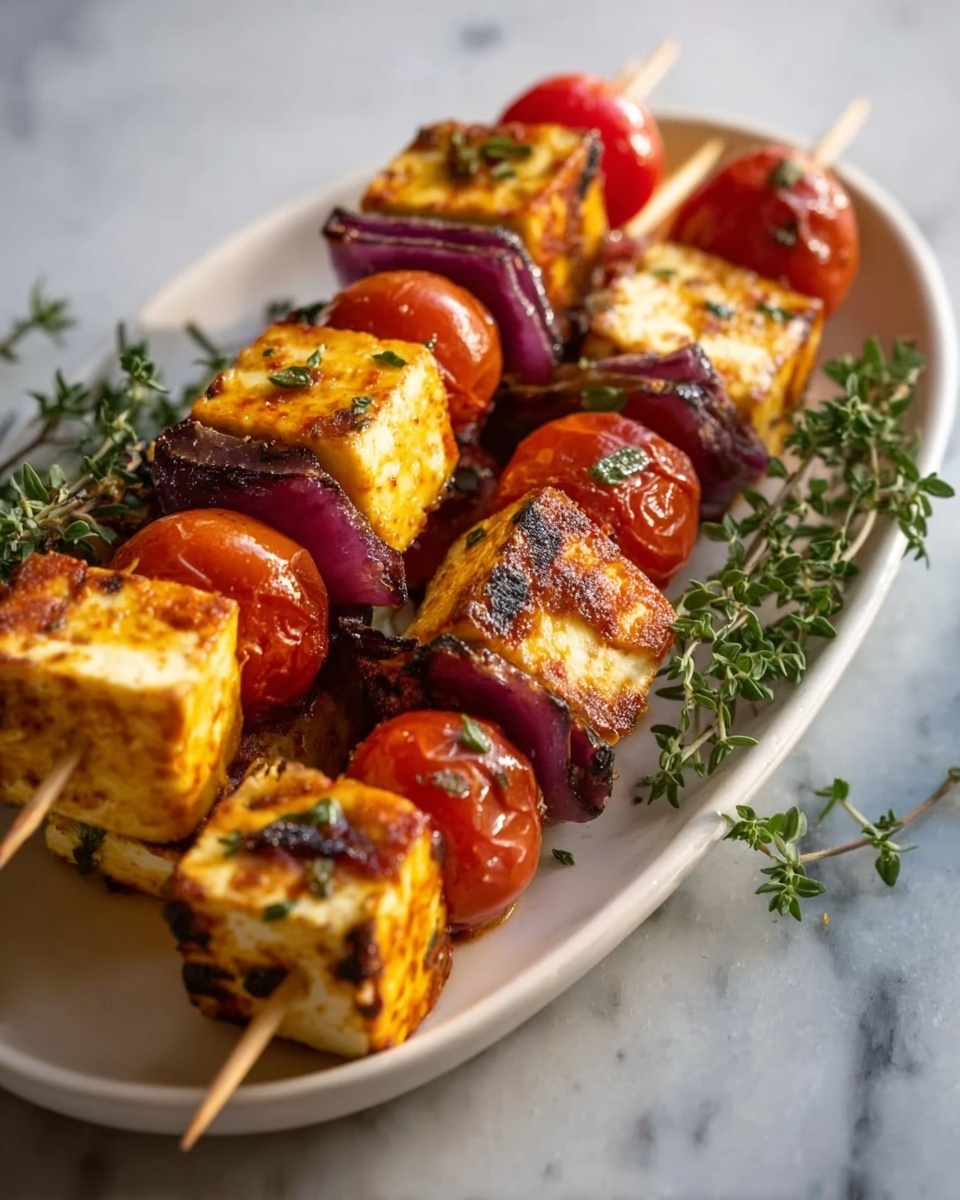 The image shows white rectangular plate holding two wooden skewers. Each skewer has four main layers, starting with grilled cheese cubes that are golden brown with light grill marks and a slightly crispy texture. Alternating with the cheese are small round cherry tomatoes, bright red and shiny, and chunks of purple onion with visible layers and a slightly charred look. The pieces are arranged evenly on the skewer, and fresh green thyme sprigs are placed beside the skewers on the plate. The plate sits on a white marbled surface. photo taken with an iphone --ar 4:5 --v 7