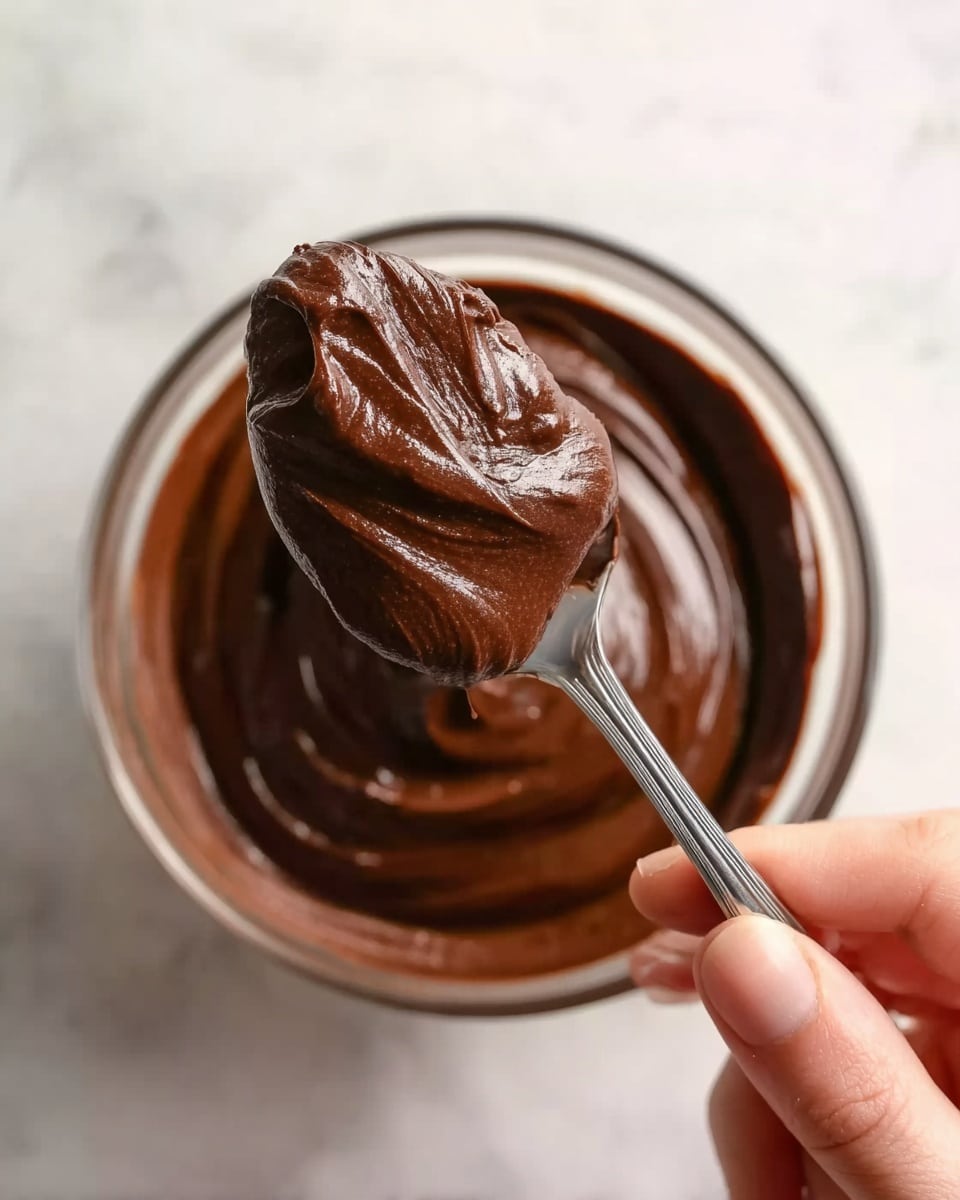 A close-up image of a spoon holding thick, smooth chocolate spread with rich dark brown color and shiny texture. The spoon is held by a woman's hand above a clear glass bowl filled with more of the same chocolate spread. The background is a white marbled surface. Photo taken with an iphone --ar 4:5 --v 7