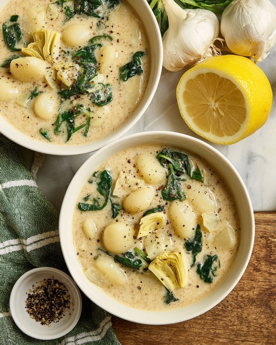 Two white bowls filled with creamy soup sit on a wooden table next to a white marbled surface. The soup has a smooth beige base with visible large white gnocchi pieces, dark green spinach leaves, and chunky light yellow artichoke hearts, all speckled with black pepper. Near the bowls, there is a half lemon showing its bright yellow inside, a whole garlic bulb, and a green-striped cloth. A small white bowl with cracked black pepper sits close by. The scene is brightly lit, showing the textures of the soup and fresh ingredients clearly photo taken with an iphone --ar 4:5 --v 7