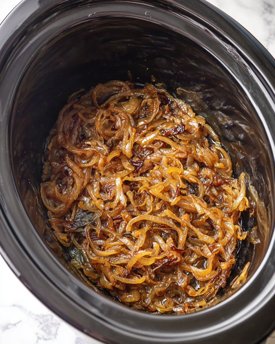 The image shows a close-up of a slow cooker filled with cooked caramelized onions. The onions form one thick layer with a rich golden-brown color that has darker brown caramelized edges and a glossy, slightly oily texture. The onions appear soft, tangled, and slightly translucent. The slow cooker’s inside is a shiny black surface, and the cooker is set on a white marbled texture. photo taken with an iphone --ar 4:5 --v 7