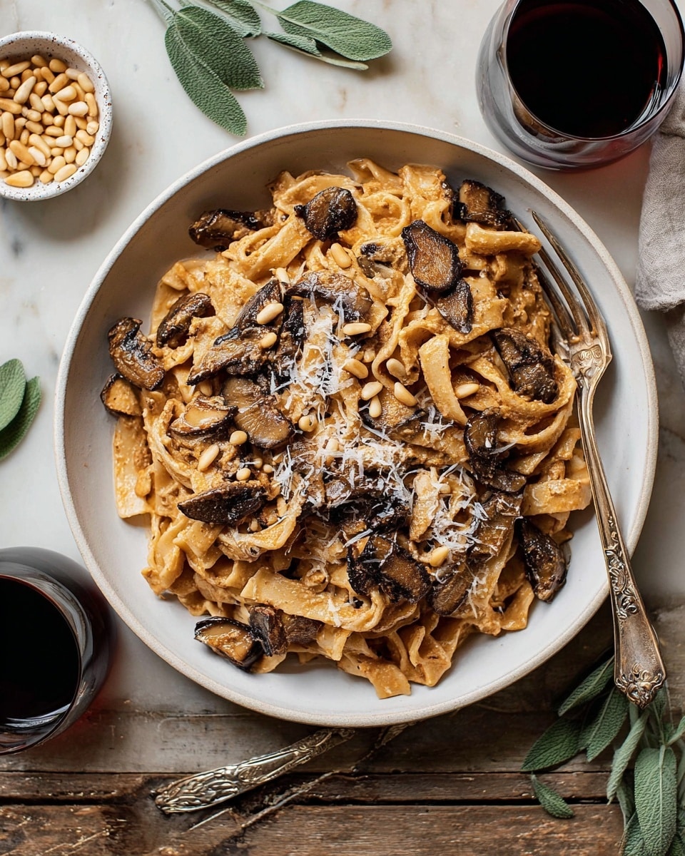 A white bowl filled with three generous layers of pasta mixed with creamy sauce that has a light brown color. The pasta is topped with dark brown roasted mushroom slices that have a slightly crispy texture. Scattered pine nuts add small, golden spots of texture over the pasta. A light dusting of grated Parmesan cheese is spread across the top, adding a slightly grainy white layer. The bowl is placed on a white marbled surface, with two vintage silver forks next to it and fresh sage leaves scattered around. Two glasses of dark red wine and a small white bowl of pine nuts are also visible nearby. Photo taken with an iphone --ar 4:5 --v 7