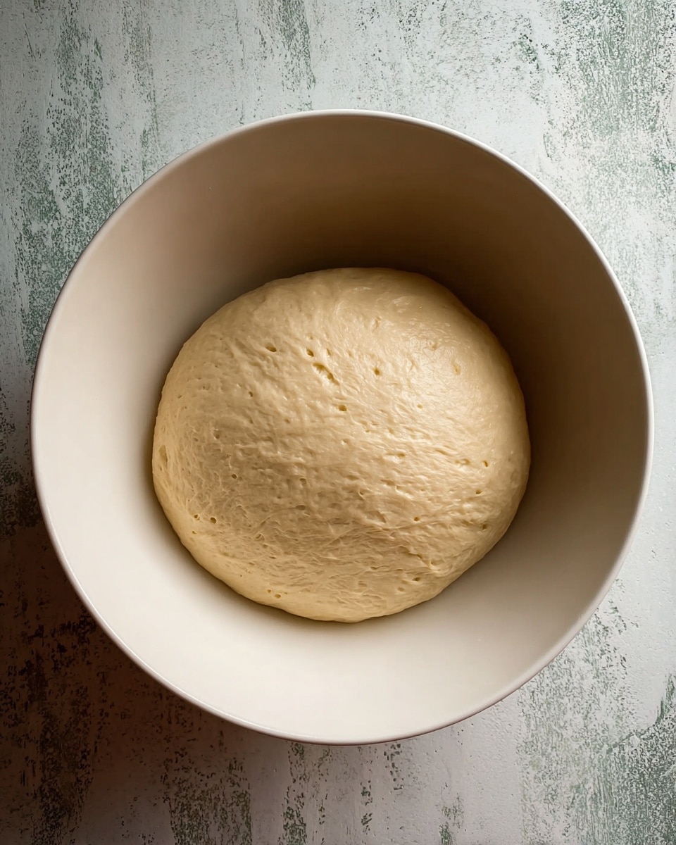 A smooth, round ball of pale beige dough resting in a large white bowl, centered and filling most of the bowl's base, showing a slightly shiny, soft texture with tiny air bubbles on the surface. The bowl is placed on a white marbled textured surface. Photo taken with an iphone --ar 4:5 --v 7